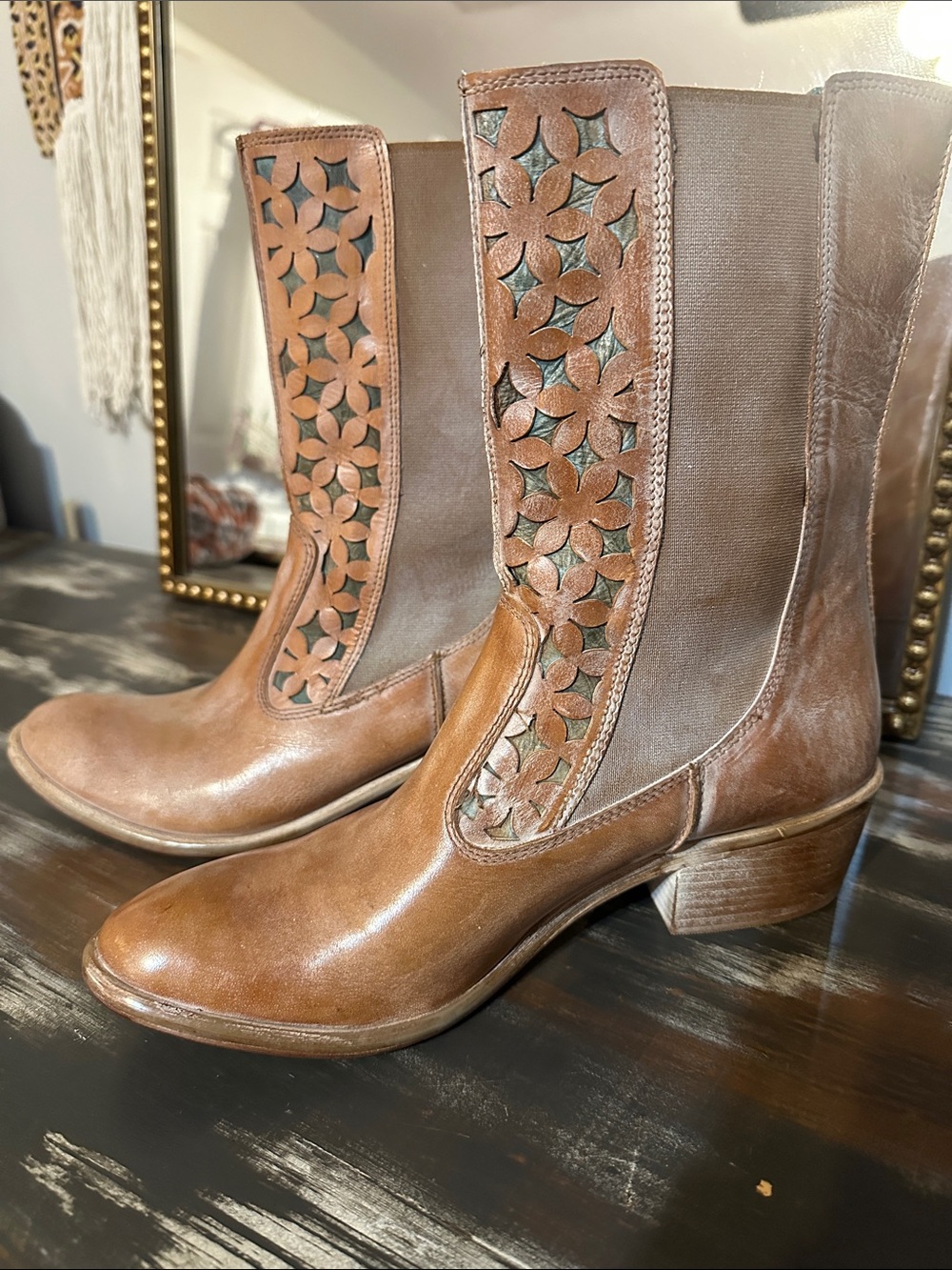Women’s Brown Leather Mid-Calf Heeled Boots with Floral Cutouts